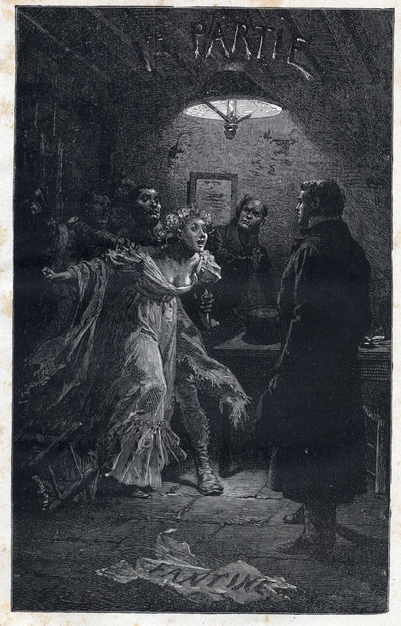 Monsieur Madeleine kommer till räddning av Fantine vid tiden för hans arrestering av Javert - Illustration av Emile Bayard (1837-1891) för "" Les miserables - Premiere partie: Fantine" av Victor Hugo (1802-1885) 1862 av Emile Antoine Bayard
