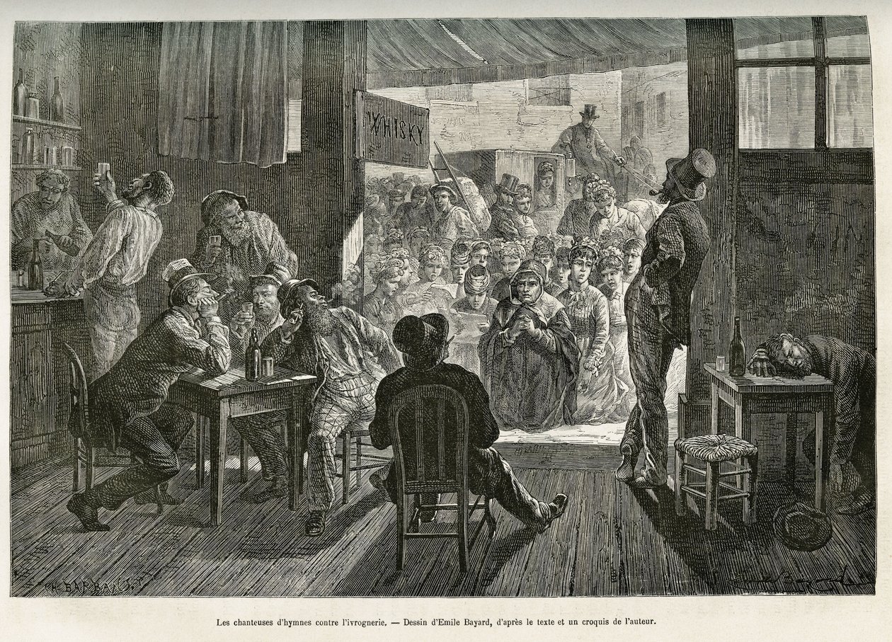 Mother Careys berusningspsalsångare samlades vid ingången till en whiskybar i Ohio för att bekämpa alkoholismens blomning. Emile Bayards teckning för att illustrera historien La conquete blanche, av William Hepworth Dixon, 1875, publicerad i "Le tour du mo av Emile Antoine Bayard