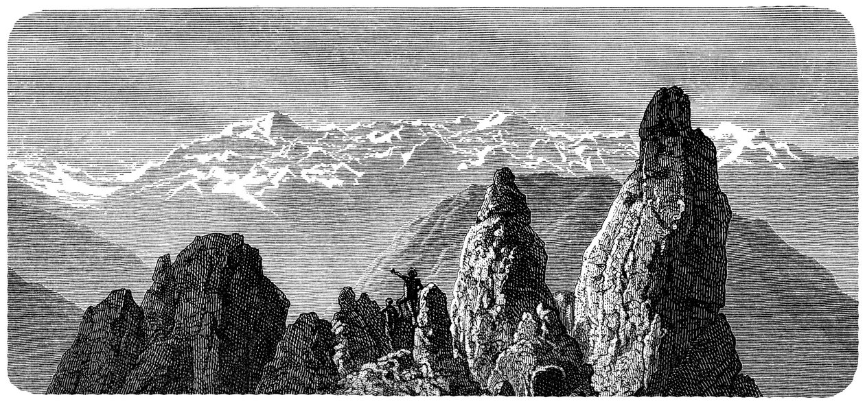 Bergstopp som kallas Pierre a Voir nära baden i Saxon i Valais, schweiziska alperna. Illustration av Emile Bayard till Albert Dupaignes bok "Les Montagnes", upplaga Mame 1881. av Emile Antoine Bayard