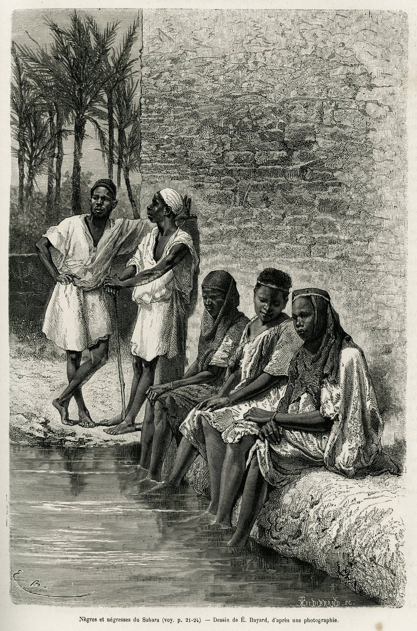 Negrer och negrer i Sahara, på stranden av Oued Rihr. Gravyr av E.Bayard, för att illustrera Algeriska Sahara, av V.Largeau, 1874-1878, publicerad i Tour du monde, under ledning av Edouard Charton (1807-1890) av Emile Antoine Bayard