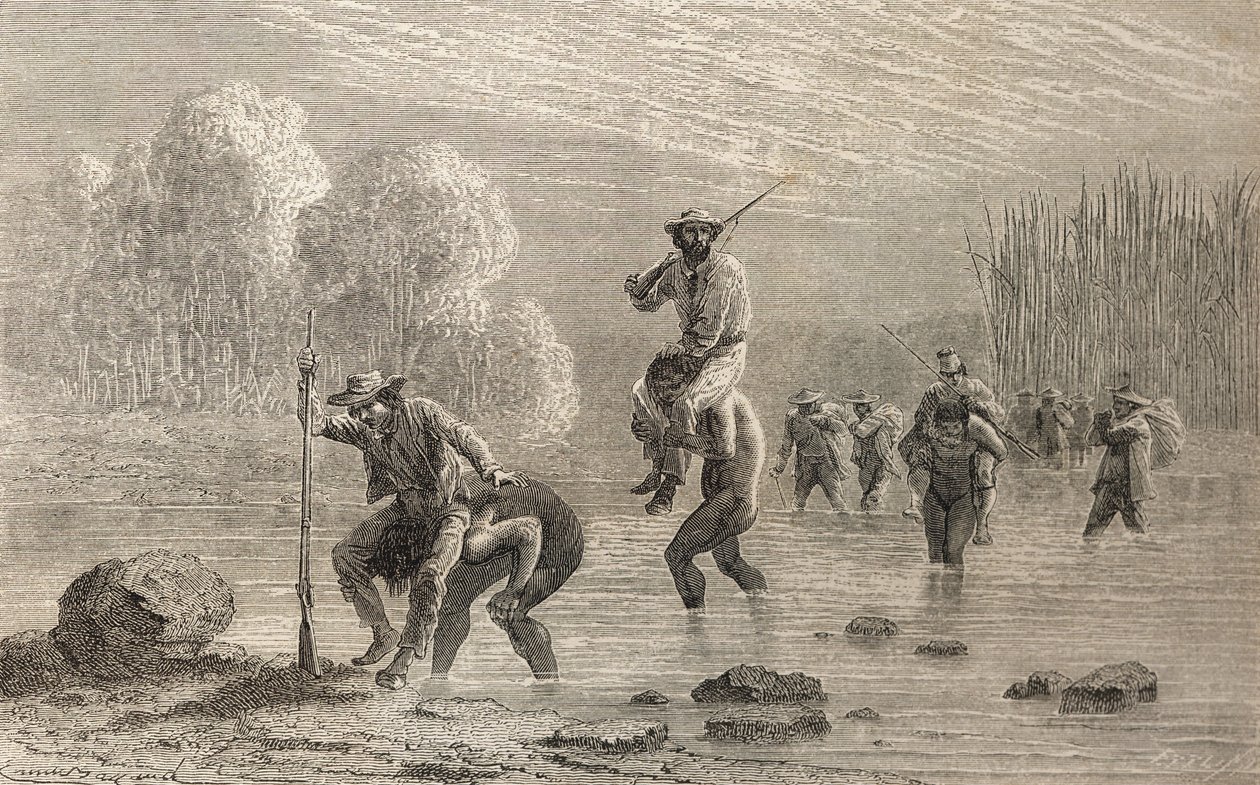 Paul Marcoy och hans expedition bärs över ett träsk i Argentina av Chuncho-indianer 1874, illustration från 