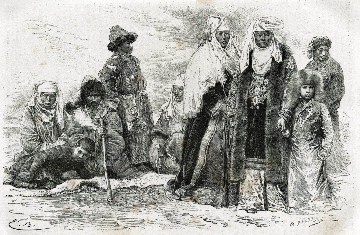Fattiga och rika kirgiziska kvinnor. Gravyr av Emile Bayard, för att illustrera reseintryck från Orenburg till Samarkand, av Marie de Ujfalvy-Bourdon, mellan 1876 och 1878, i Tour du monde, i regi av Edouard Charton av Emile Antoine Bayard