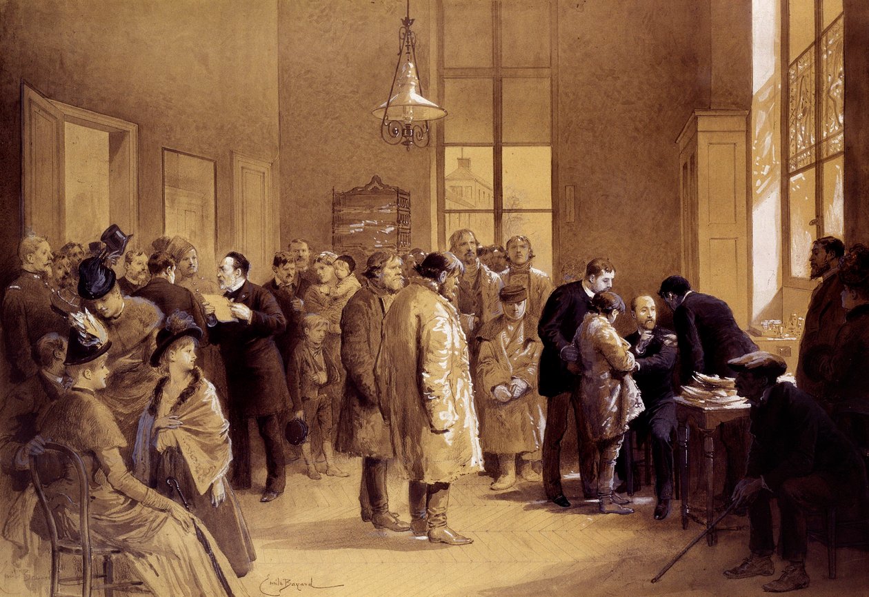 Rabiesvaccination: Louis Pasteur (1822-1895) vädjade till fansen medan Dr Gaucher vaccinerade ett ryskt barn, Joseph Meister, mot rabies den 6/07/1885 i ett laboratorium på Ulm Street.” Tryck av Emile Bayard (1837-1891) 1886 Paris, Musee Pasteur av Emile Antoine Bayard