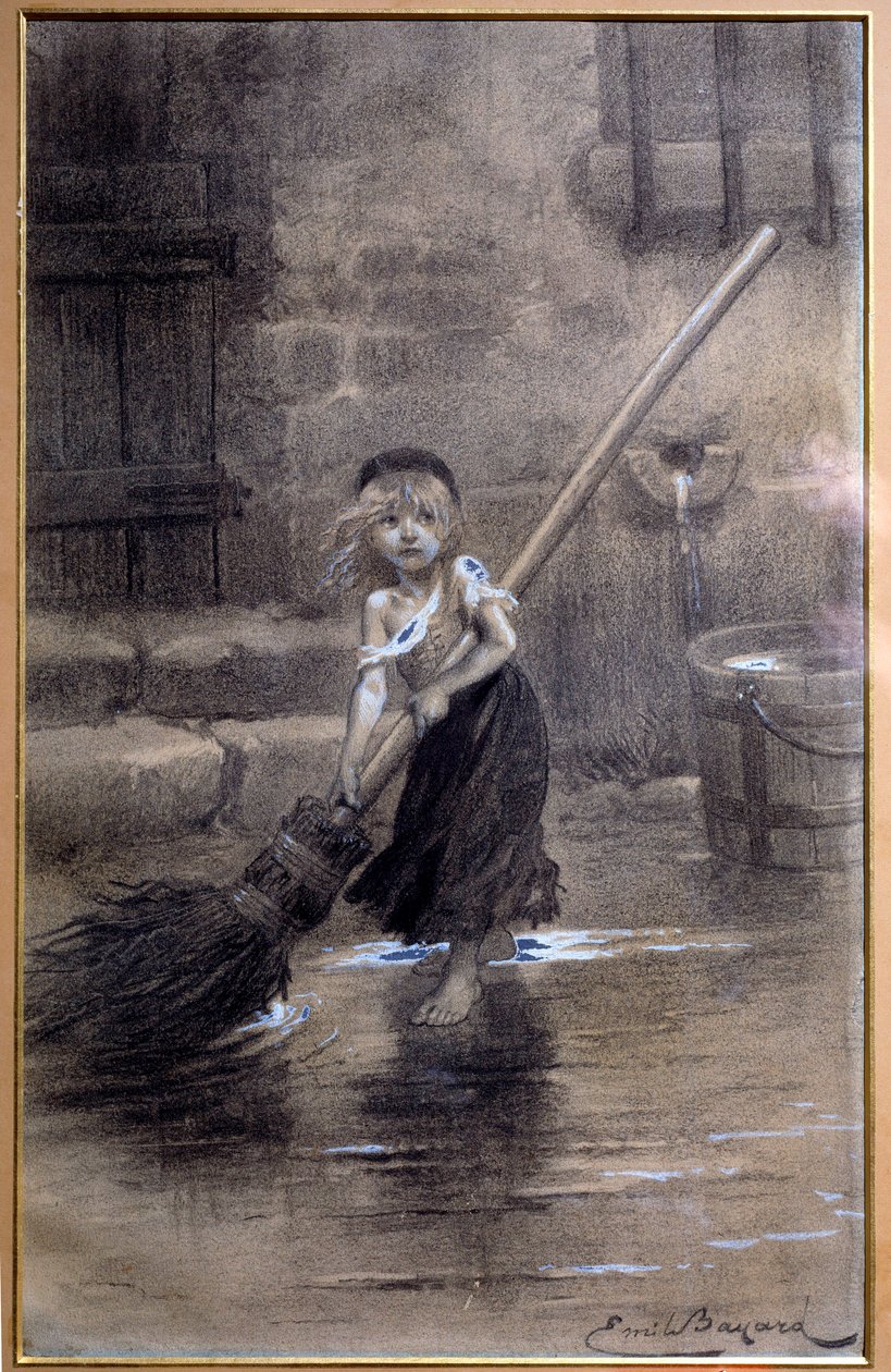 Representation av Cosette, svepande barfota. Illustration till "The Miserables" av Victor Hugo (1802-1885) av Emile Bayard (1837-1891) 1800-talet. Paris, Maison Victor Hugo av Emile Antoine Bayard