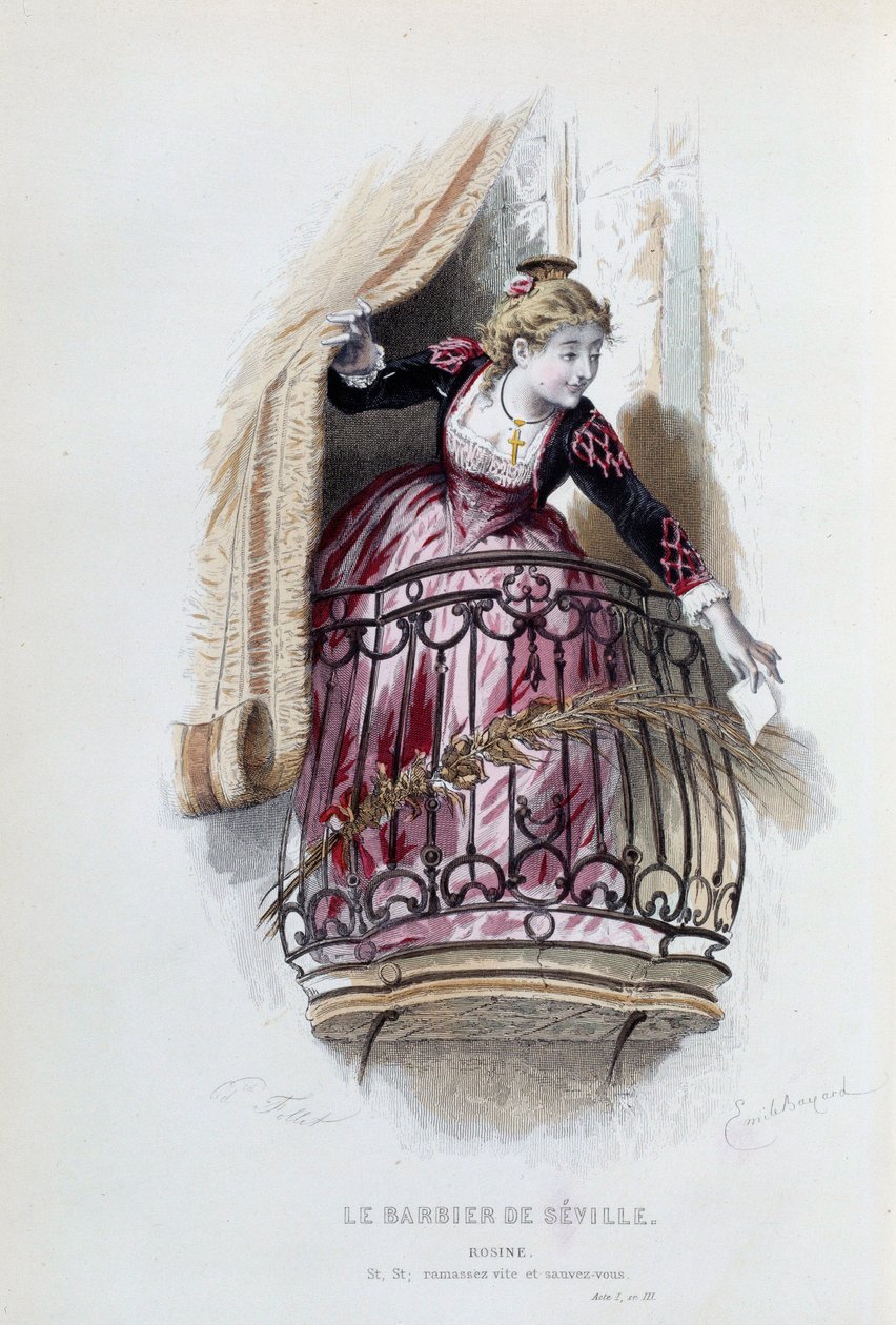 Rosine i "Barberaren i Sevilla" av Pierre Augustin Caron de Beaumarchais (1732-1799), teckningar av Emile Bayard (1837-1891) av Emile Antoine Bayard