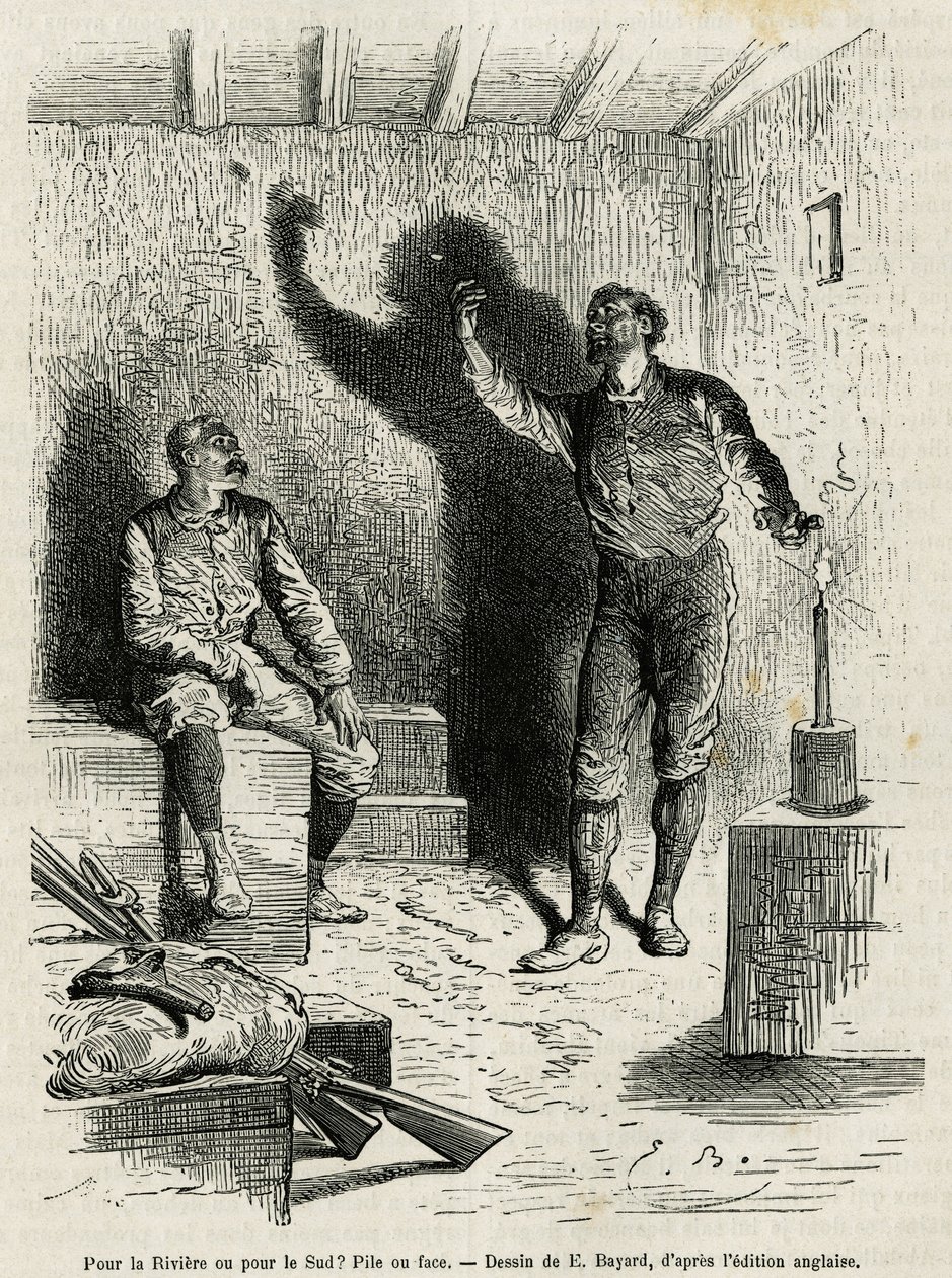 Sir Henri Morton Stanley (1841-1904) och Franck Pock, hans utforskningskamrat, bestämde sig för en hög eller ansikte av resvägen, ritade av Emile Bayard, för att illustrera berättelsen "Genom den mystiska kontinenten"" (Ekvatorialafrika), en resa c av Emile Antoine Bayard