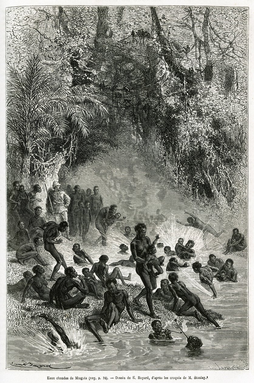 Sir Henri Morton Stanley (1841-1904) mitt bland badgästerna i Karagoue-regionen (Kamerun), som kastar sig ner i den varma och medicinska vattenbassängen i Mtagata-ravinen, ritad av Emile Bayard, för att illustrera historien "Genom det mystiska Kontinenten” av Emile Antoine Bayard