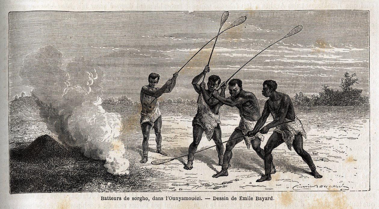 Sorghum-trummisar, i ounyamoezi (regionen vid de stora sjöarna, Afrika), teckning av Emile Bayard (1837-1891), som illustrerar kapten Spekes upptäcktsresa i Afrika från 1860 till 1863. Gravyr i "" Le tour du monde"", redigerad av Edouard Charton av Emile Antoine Bayard