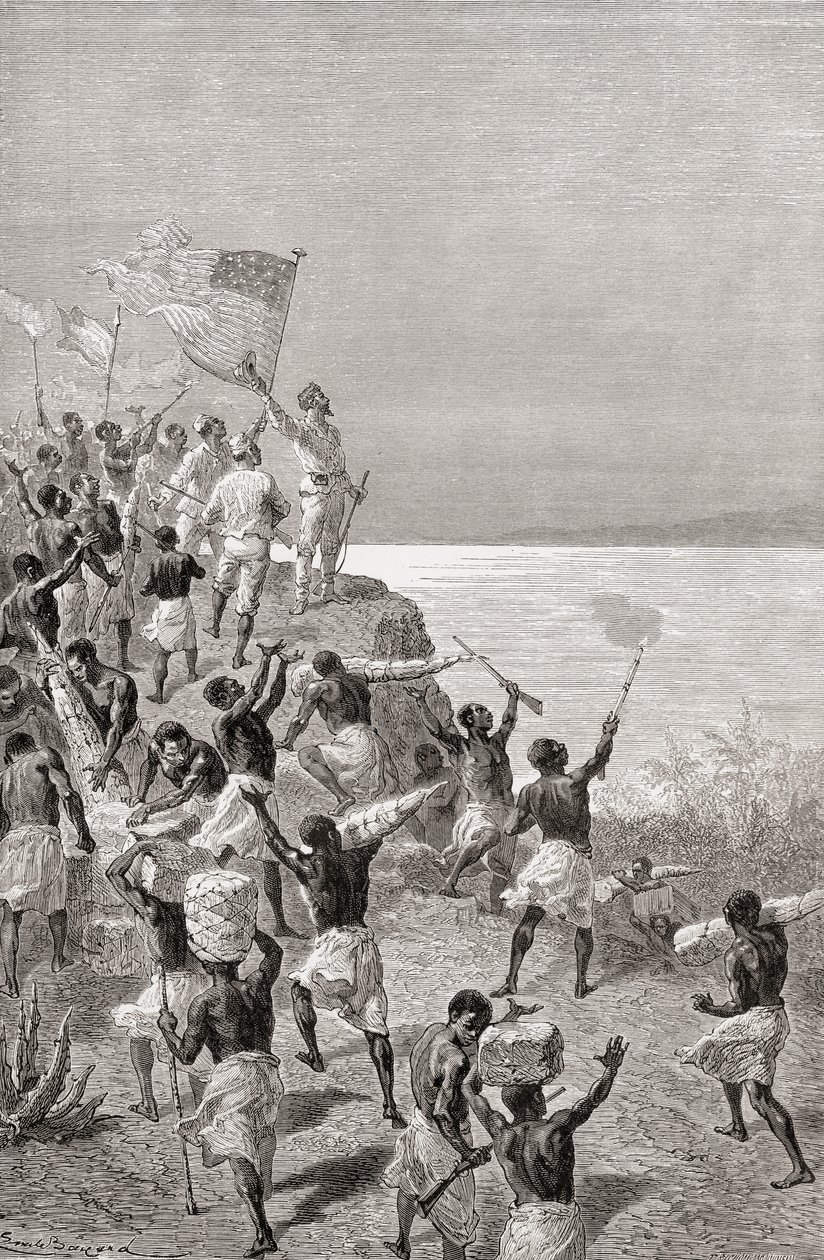 Stanley och hans expeditions första iakttagelse av Tanganyika, Östafrika, 1872, illustration från 