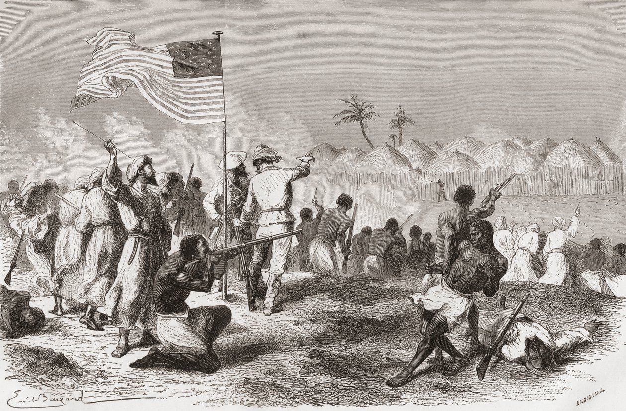 Stanleys attack mot Zimbizo under expeditionen 1871, illustration från "The World in the Hands", graverad av Henri Theophile Hildibrand (1824-97), publicerad 1878. av Emile Antoine Bayard