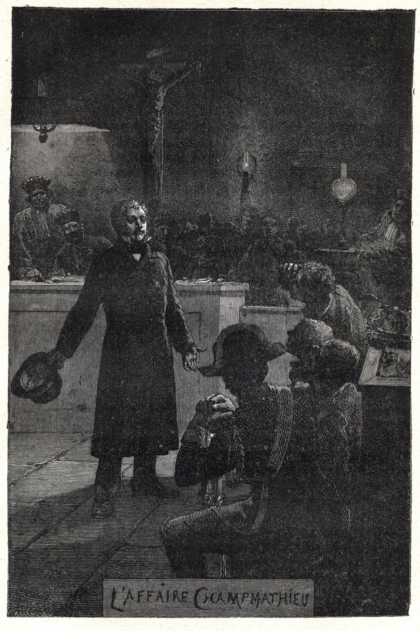 Champmathieu-fallet: Monsieur Madeleine avslöjar sin sanna identitet i rättegången mot en fattig man, Champmathieu, hans look-alike, för att undvika att han döms i hans ställe "" Je suis Jean Valjean""" - Illustration av Emile Bayard (1837- 1891) för "" Le av Emile Antoine Bayard