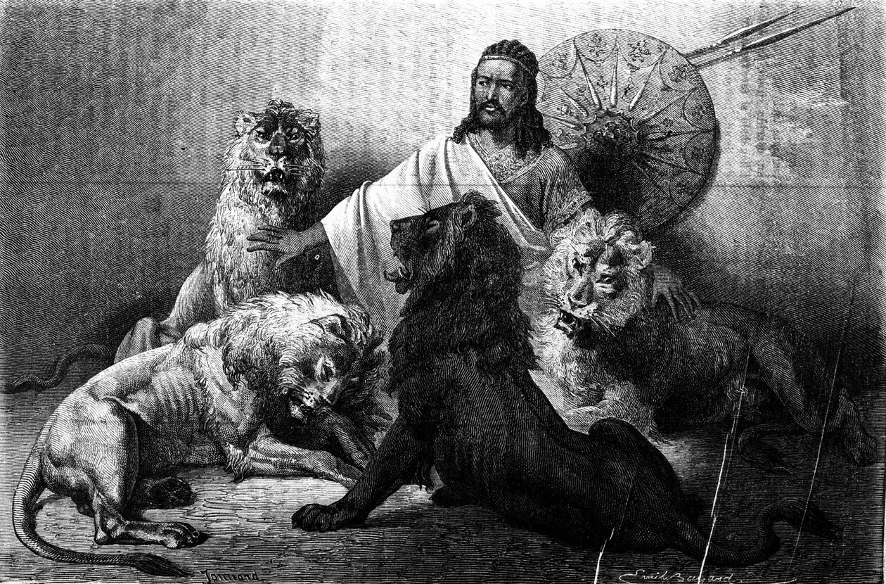 Kejsaren (ras) Theodoros av Abessinien omgiven av sina lejon. gravyr från hälften av 1800-talet. Illustration av Emile Bayard. av Emile Antoine Bayard