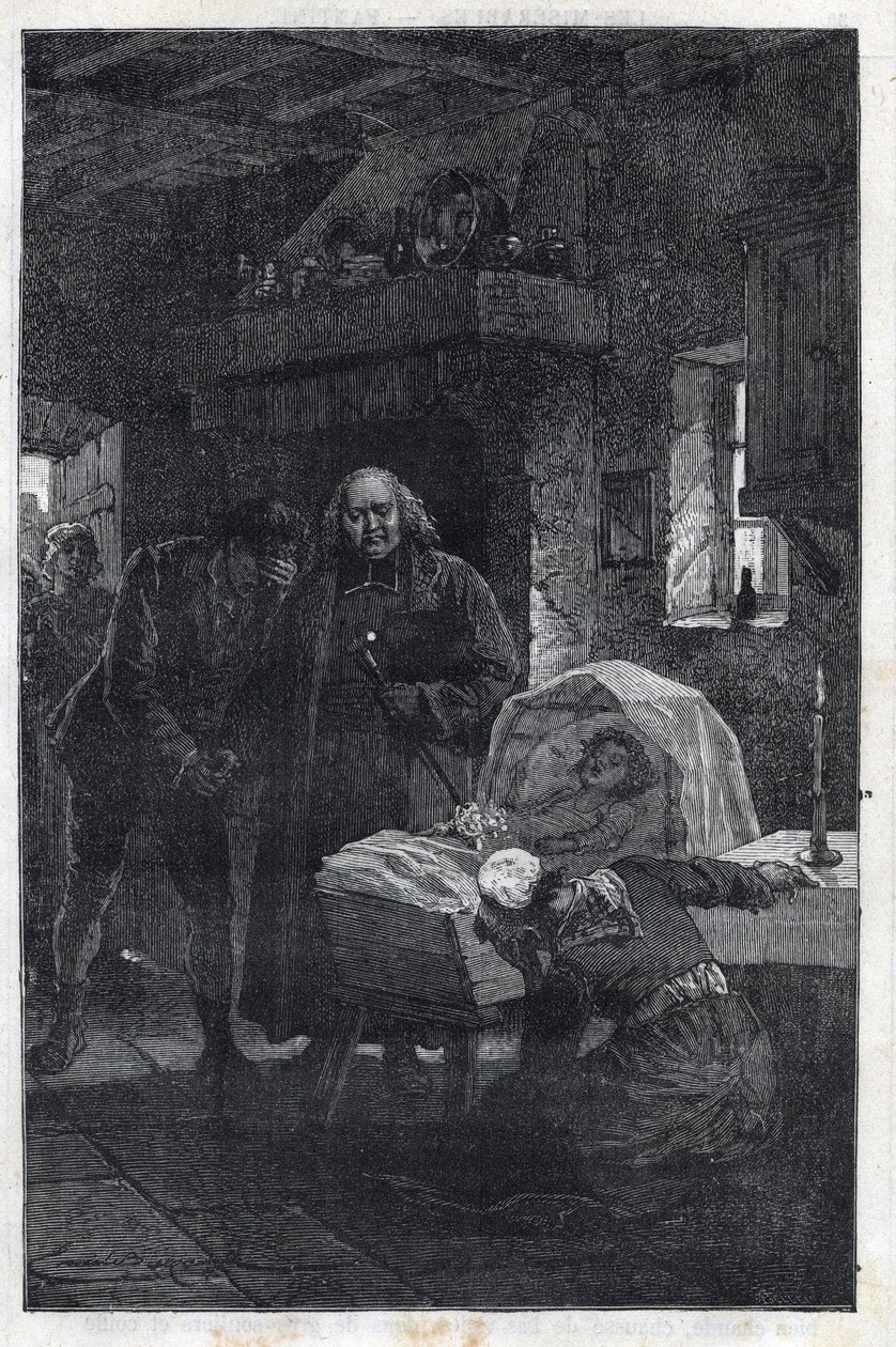The Myriel Eveque with a Mourning Family - Illustration av Emile Bayard (1837-1891) för "The Miserables - First Part: Fantine" av Victor Hugo (1802-1885) 1862 av Emile Antoine Bayard