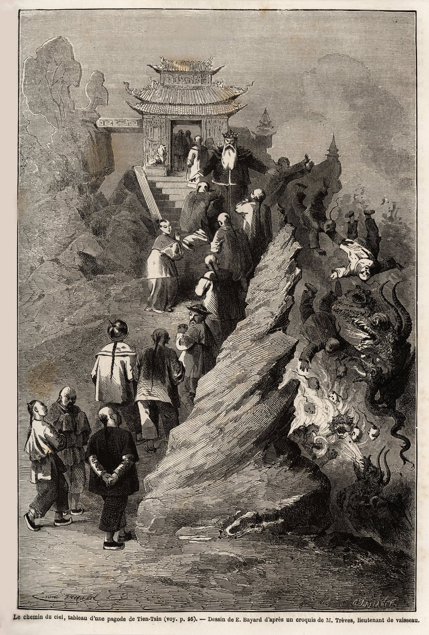 The Way of Heaven, teckning av E.Bayard, baserad på en målning från en pagod till Tien Tsin, som illustrerar resan från Shanghai till Moskva, från 1859 till 1862, av M.de Bourboulon, Frankrikes minister i Kina. Gravyr i "" Le tour du monde"", redigerad av  av Emile Antoine Bayard