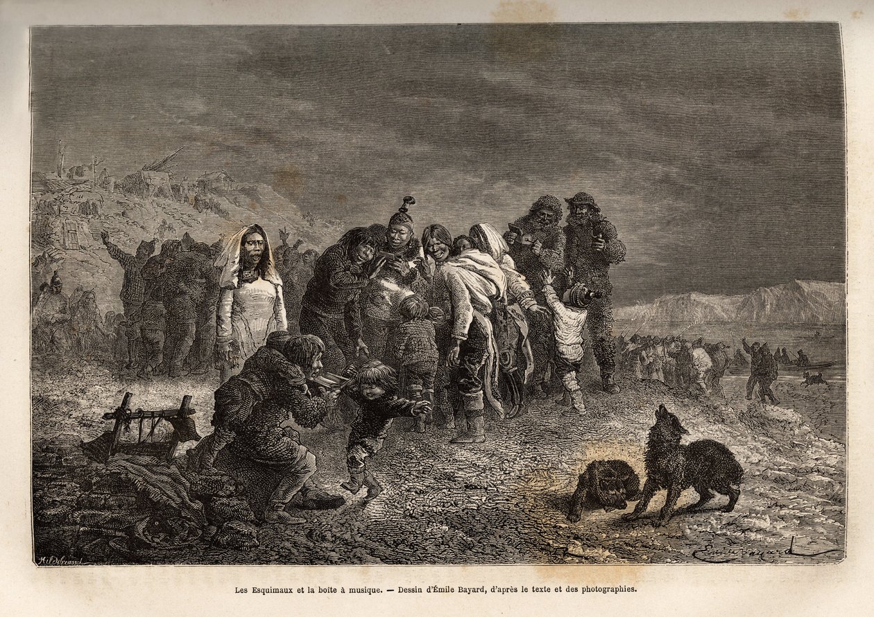 Eskimalernas förvåning som upptäckte speldosorna i närheten av Friedrichsthal (Grönland), graverade efter teckningen av Emile Bayard, som illustrerar fartygens La Germania och La Hansas resa till Nordpolen 1869-1870, av kapten He av Emile Antoine Bayard