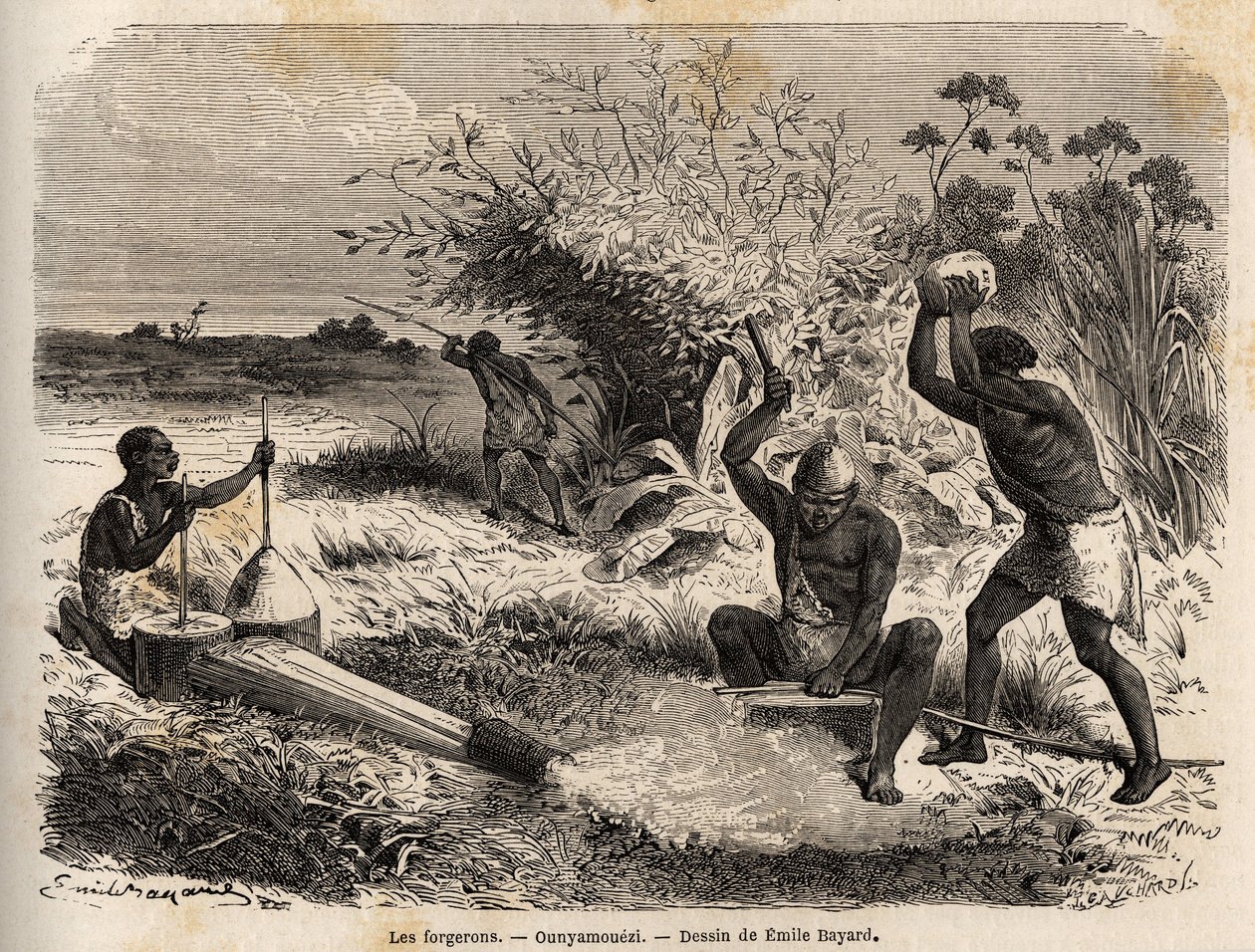 Smederna, i ounyamoezi (regionen vid de stora sjöarna, Afrika), teckning av Emile Bayard (1837-1891), som illustrerar kapten Spekes upptäcktsresa i Afrika från 1860 till 1863. Gravyr i "" Le tour du monde"", redigerad av Edouard Charton av Emile Antoine Bayard