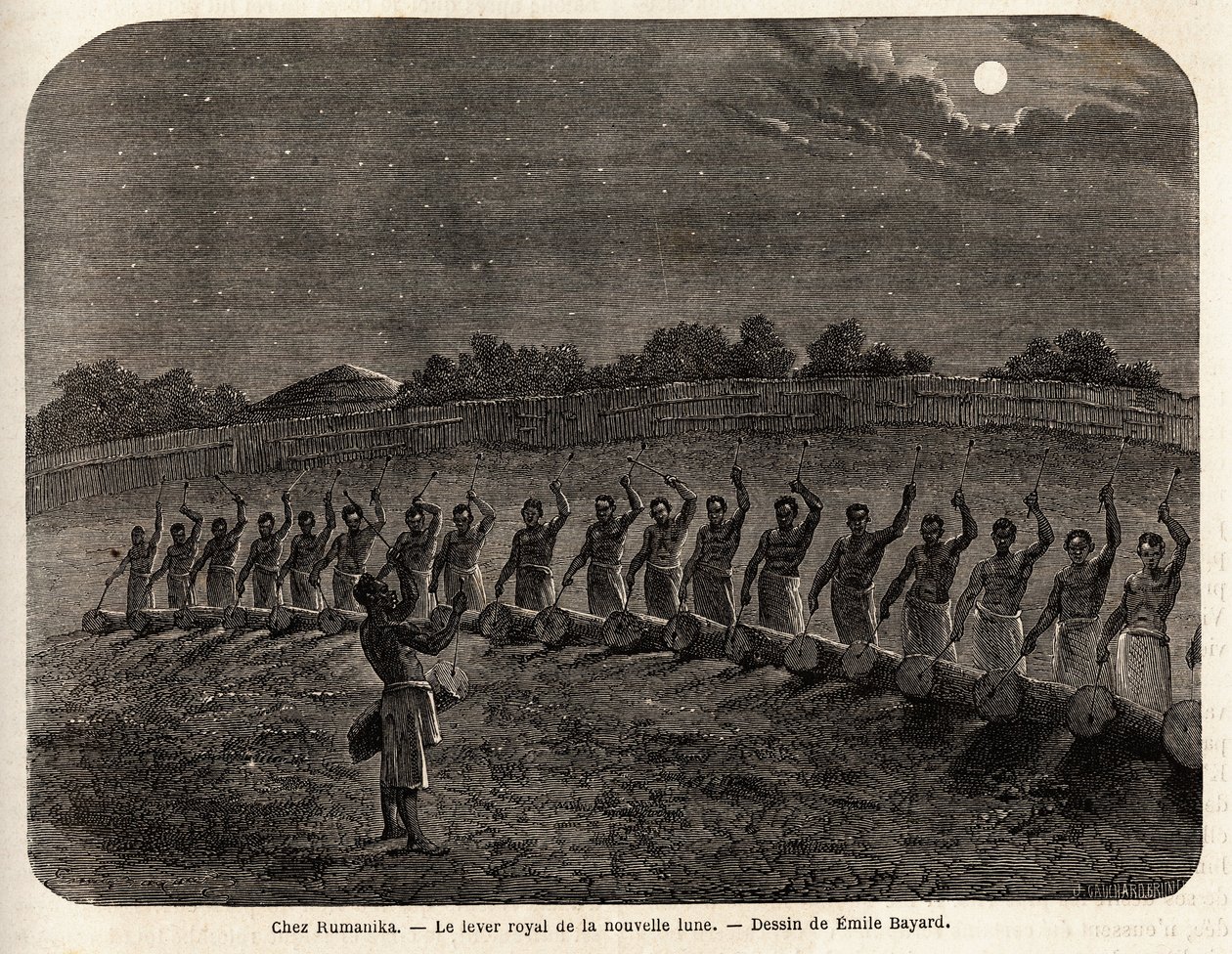 Ceremonin för trummorna för nymånens uppgång, i spetsen för stammen Rumanika, i Karague (väster om Victoriasjön, i dagens Zimbabwe), teckning av Emile Bayard (1837-1891), som illustrerar kapten Spekes resa upptäckt i Afrika från 186 av Emile Antoine Bayard
