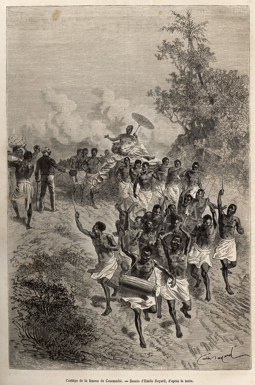 Cassembes hustrus kortegen passerar framför Livingstone som hälsar henne, graverad efter en teckning av Emile Bayard, som illustrerar David Livingstones sista dagbok (1813-1873), 1866-1873, publicerad i "" Le tour du monde"" 1875, redigerad av Edouard Char av Emile Antoine Bayard