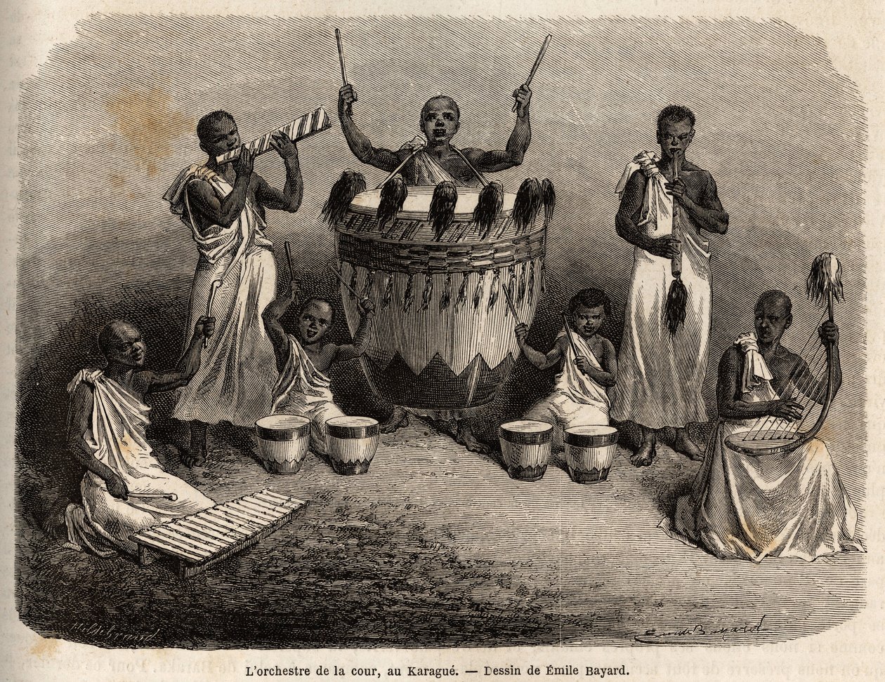 Hovorkestern, i Karague (väster om Victoriasjön, nuvarande Zimbabwe), teckning av Emile Bayard (1837-1891), som illustrerar kapten Spekes upptäcktsresa i Afrika från 1860 till 1863. Gravyr i "" Le tour du monde ””, redigerad av Edouard Char av Emile Antoine Bayard