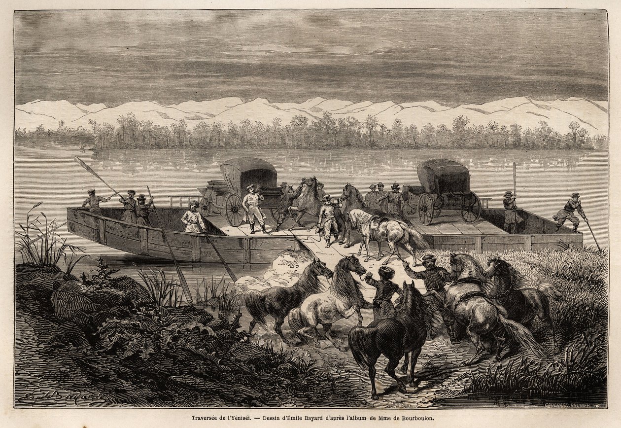 Korsningen av Yenisseifloden (Ryssland), teckning av Emile Bayard (1837-1891) för att illustrera resan från Shanghai till Moskva, från 1859 till 1862, av M. de Bourboulon, Frankrikes minister till Kina. Gravyr i "" Le tour du monde", redigerad av Edouard C av Emile Antoine Bayard