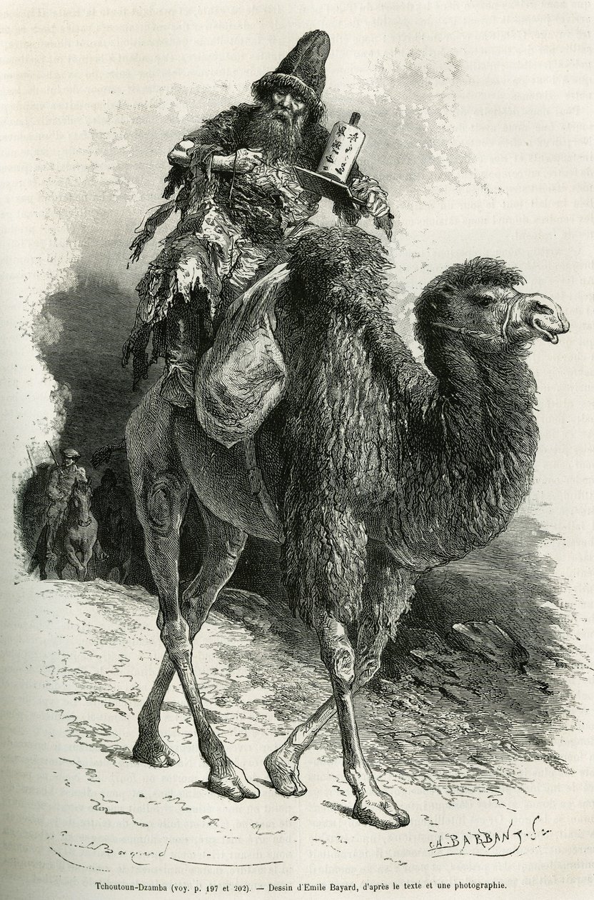 Expeditionens guide och tolk, Chutun Dzamba, 58 år gammal, hukade på sin kamel, han mumlade ständigt böner, teckning av Emile Bayard för att illustrera resan till Mongoliet och Tanguternas land från 1870 till 1873, av löjtnanten. av Emile Antoine Bayard
