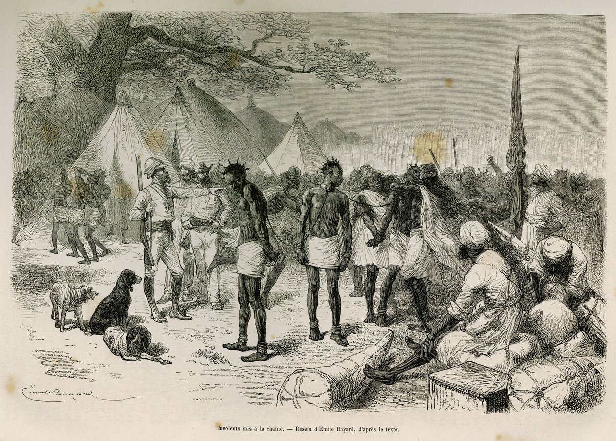 Expeditionens fräcka bärare satt i kedjan, teckning av Emile Bayard, för att illustrera historien: Across Africa, from Zanzibar (Tanzania) till Benguela (Angola), från 1872 till 1876, av löjtnant V.H.Cameron. Gravyr i Le tour du monde av Emile Antoine Bayard