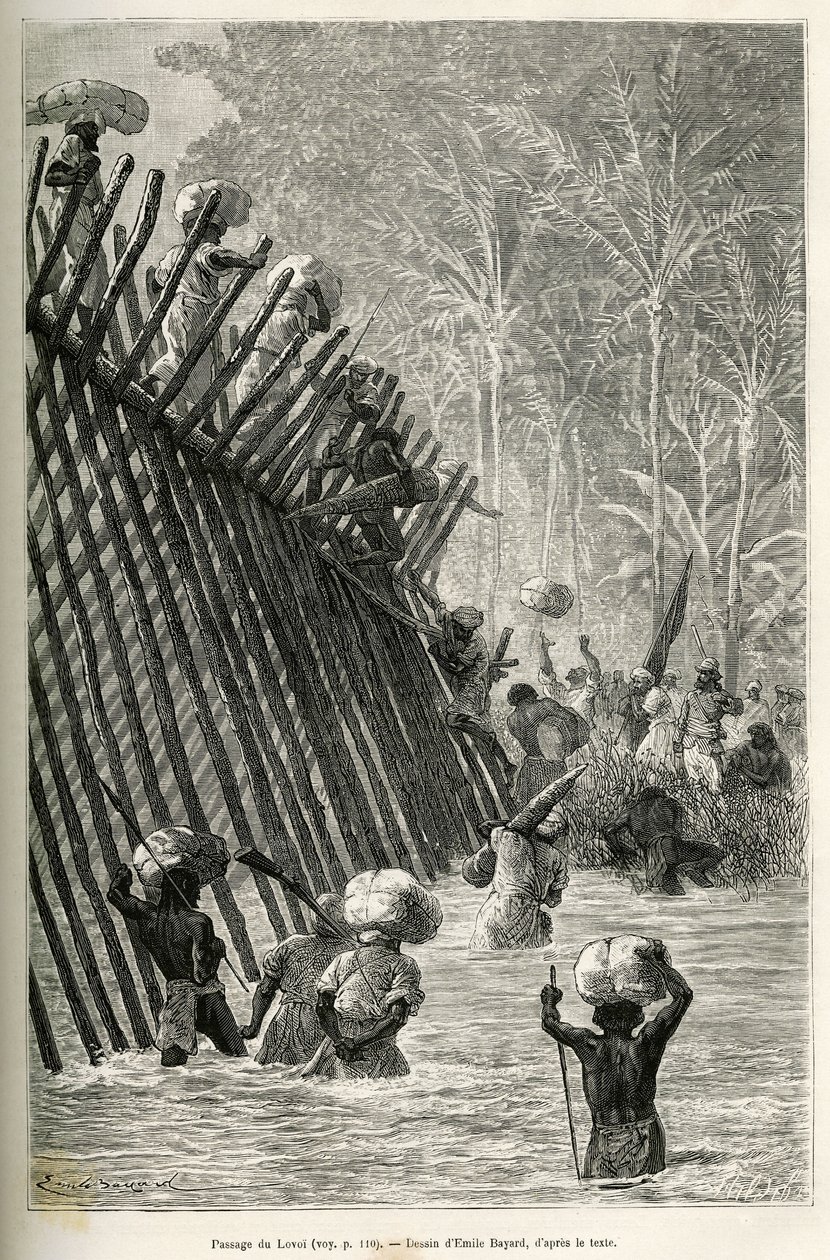 Passagen av floden Lovoi (eller djävulens flod) (Katanga-regionen, Kongo) av expeditionen, teckning av Emile Bayard, för att illustrera resan genom Afrika, från Zanzibar (Tanzania) till Benguela (Angola), från 1873 till 1876 , av den brittiske befälhavaren av Emile Antoine Bayard