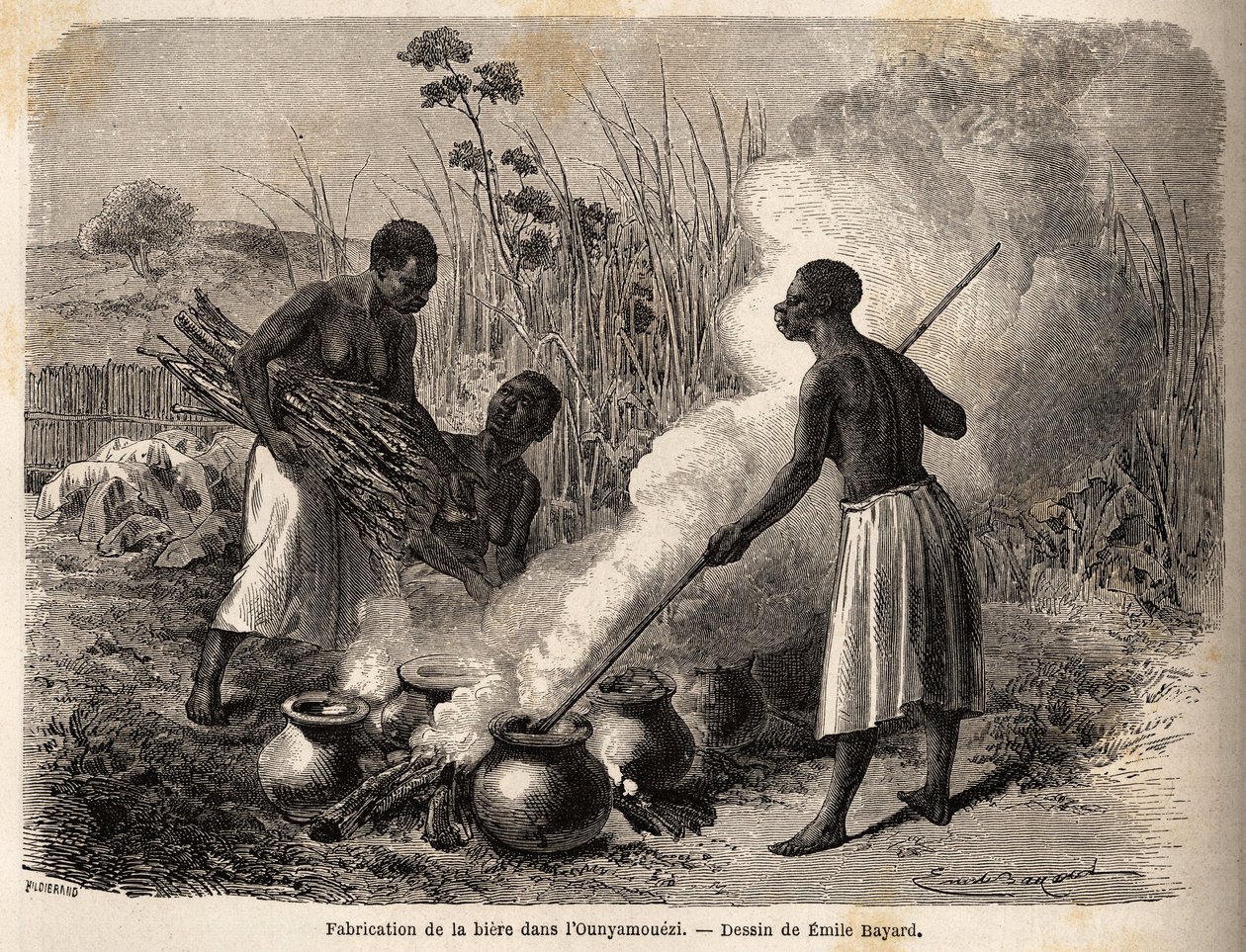 Tillverkning av öl i ounyamoezi (regionen vid de stora sjöarna, Afrika), teckning av Emile Bayard (1837-1891), som illustrerar kapten Spekes upptäcktsresa i Afrika från 1860 till 1863. Gravyr i "" Le tour du monde"", redigerad av Edouard Charton av Emile Antoine Bayard
