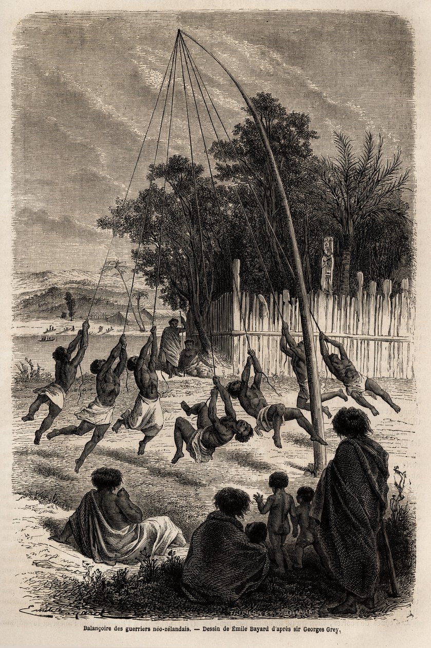 Svängningen av neo-zelandanska krigare på näset i Auckland, teckning av Emile Bayard (1837-1891), för att illustrera Ferdinand de Hochstetters resa till Nya Zeeland från 1858 till 1860. Gravyr i "" Le tour du monde"", redigerad av Edouard Charton av Emile Antoine Bayard