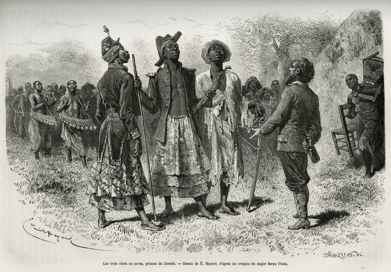 De tre dirigenterna (eller sovaerna), prinsarna av Dombe (Angola), och deras svit av musiker och hovman, kommer för att träffa upptäcktsresanden S.Pinto. Gravyr av Emile Bayard, för att illustrera historien om hur jag har korsat Afrika, från Atlanten till  av Emile Antoine Bayard