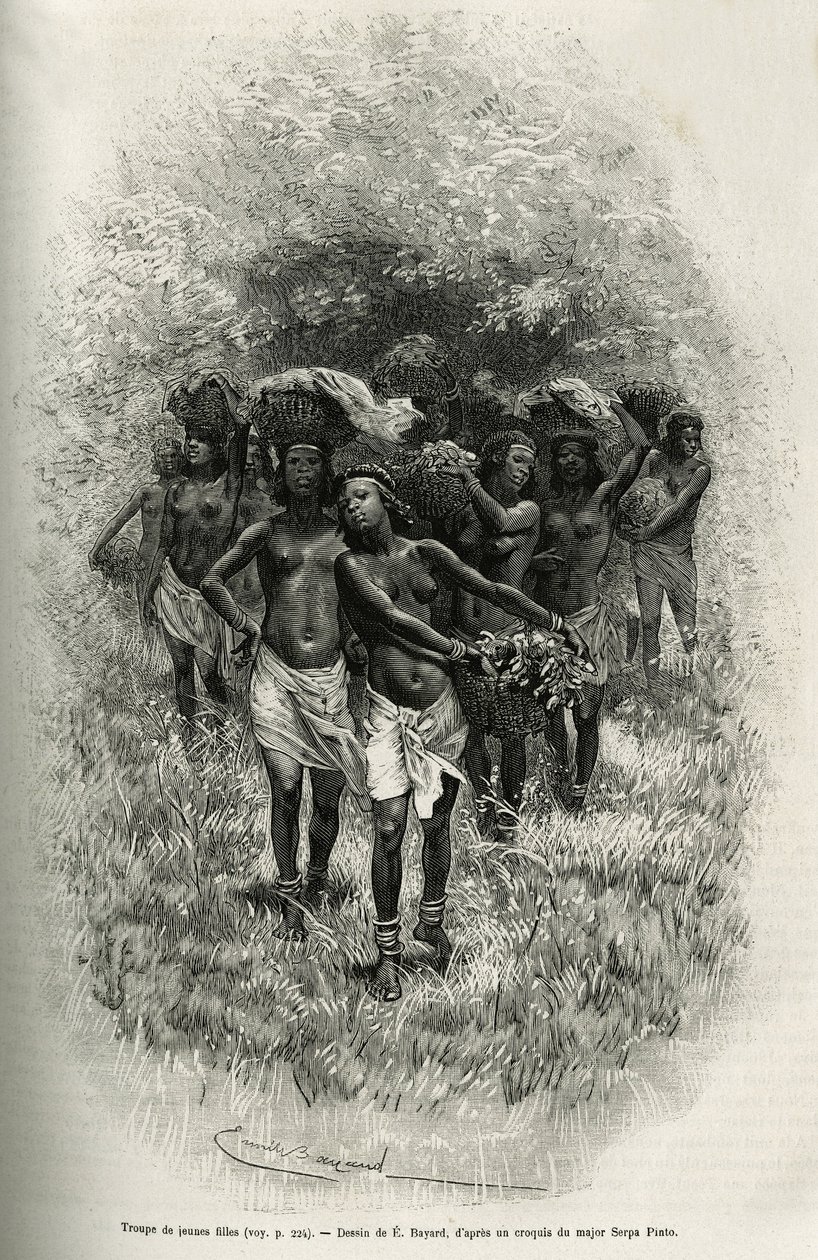 En trupp unga flickor som bär korgar fyllda med mat för att försörja S.Pinto och hans män. Gravyr av Emile Bayard, för att illustrera historien om hur jag har korsat Afrika, från Atlanten till Indiska oceanen, av major Serpa Pinto, 1877-1878, pub av Emile Antoine Bayard