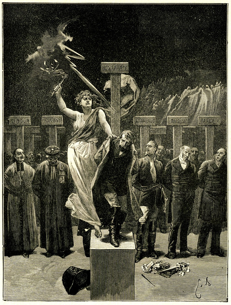Victor Hugo, Les Chatiments, illustration av Emile Bayard. "" Det skulle vara ett misstag att tro att dessa saker/kommer att sluta med sånger och apoteoser""". Det sägs att denna evocation av framtiden orsakade fruktan för Napoleon 3. av Emile Antoine Bayard