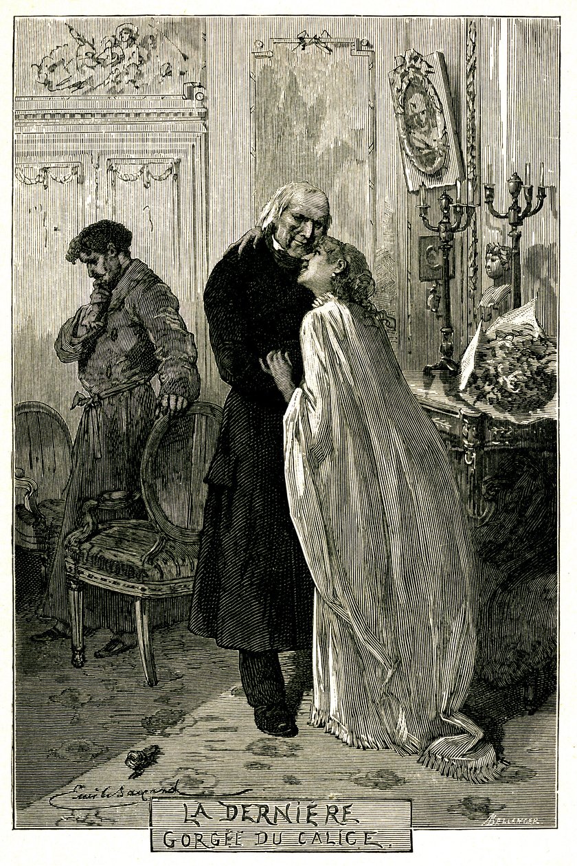 Victor Hugo "The Miserables", "The Last Gorgee of the Chalice". Illustration av Emile Bayard. Den tidigare forcat Jean Valjean blev gammal med Cosette och Marius. Gravyr av upplagan Ollendorff 1906. av Emile Antoine Bayard