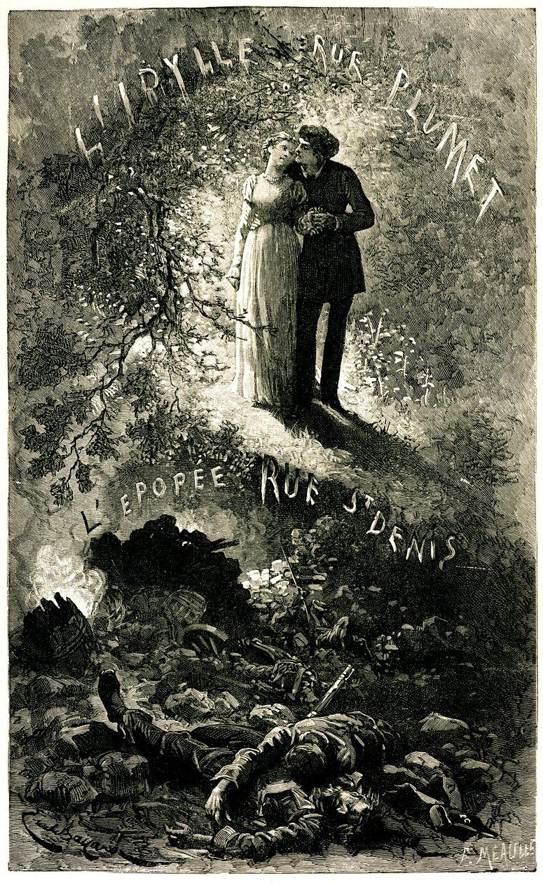 Victor Hugos Miserables: sentimental handling mot en bakgrund av historisk fresk. Cosette och Marius älskare (kärlek - idylle rue Plumet) och barrikaderna i Paris (Revolution - Epopee rue St Denis (Saint-Denis). Illustration av Emile Bayard för Oll av Emile Antoine Bayard
