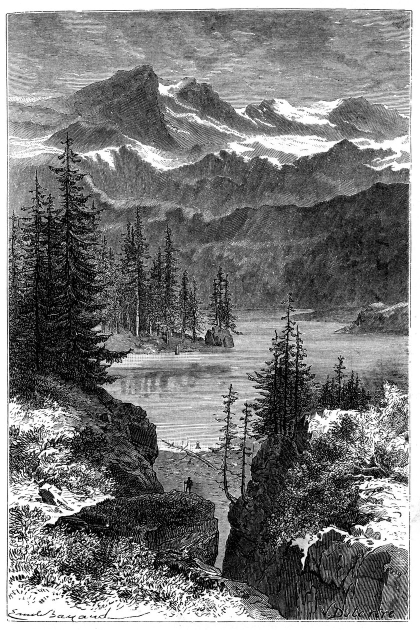 Utsikt över Alperna: skog, sjö, toppar. Illustration av Emile Bayard för boken Les Montagnes d