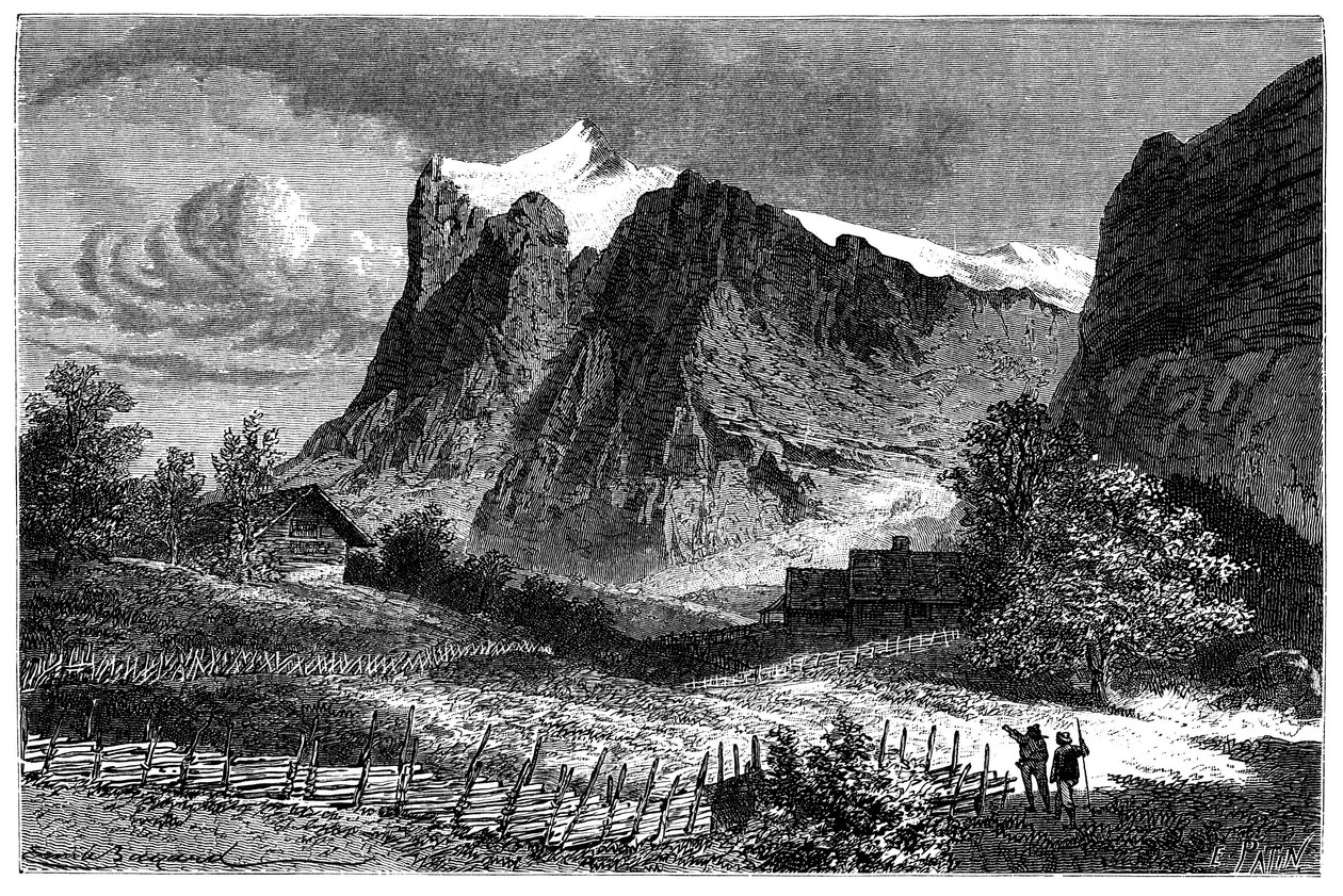 Utsikt över de schweiziska alperna. Illustration av Emile Bayard för boken Les Montagnes d
