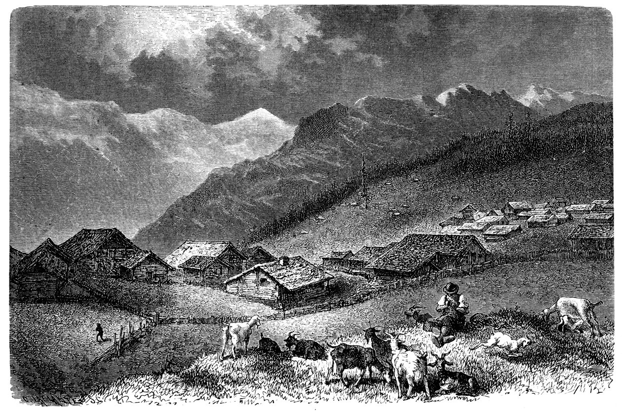 By i Alperna. Murren, i Berner Oberland, höjd 1630 meter. Herde som håller sin hjord av getter och får (får). Illustration av Emile Bayard till Albert Dupaignes bok "Les Montagnes", upplaga Mame 1881. av Emile Antoine Bayard