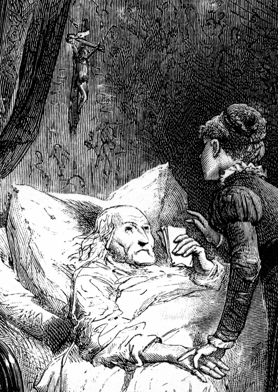 En ung kvinna tar hand om en gammal man som ligger döende i sin säng, under ett krucifix som hänger på väggen. Den döende mannen håller sina sista rekommendationer (testamente) i handen. Detalj ur ett gravyr av Emile Bayard som illustrerar Jules Sandeaus b av Emile Antoine Bayard