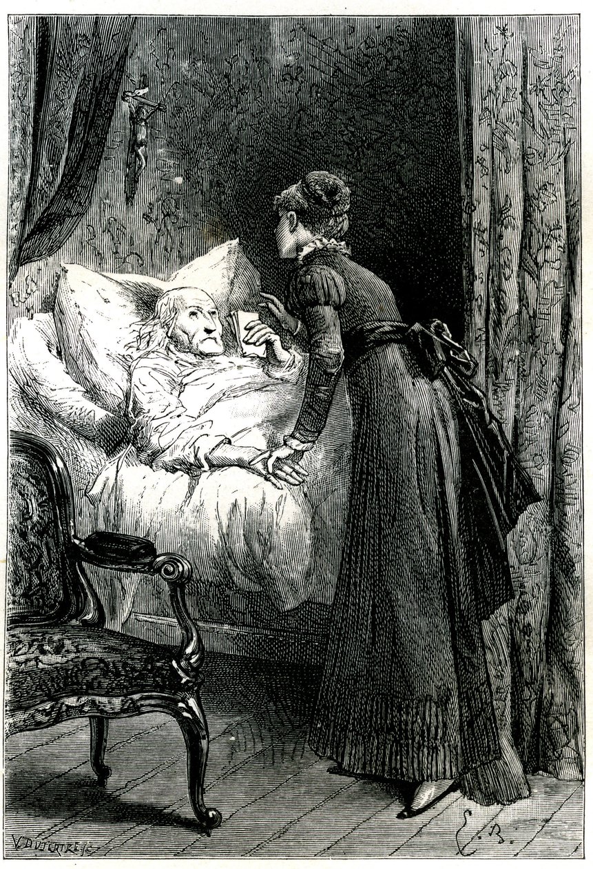 Ung kvinna som tar hand om en gammal man som dör i sin säng under ett krucifix som hänger från väggen. Den döende mannen håller sina sista rekommendationer (vilja) för hand. Gravyr av Emile Bayard som illustrerar Jules Sandeaus bok "Mademoiselle de la Seig av Emile Antoine Bayard