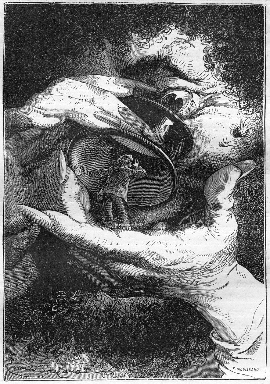 illustration av Jules Vernes roman "" Around the Moon", teckning av Emile Bayard, Hetzel edition/Voyages extraordinaire 1870. Astronaut Michel Ardan föreställer sig att han observeras av en jätte genom ett förstoringsglas (hänvisning till Swift