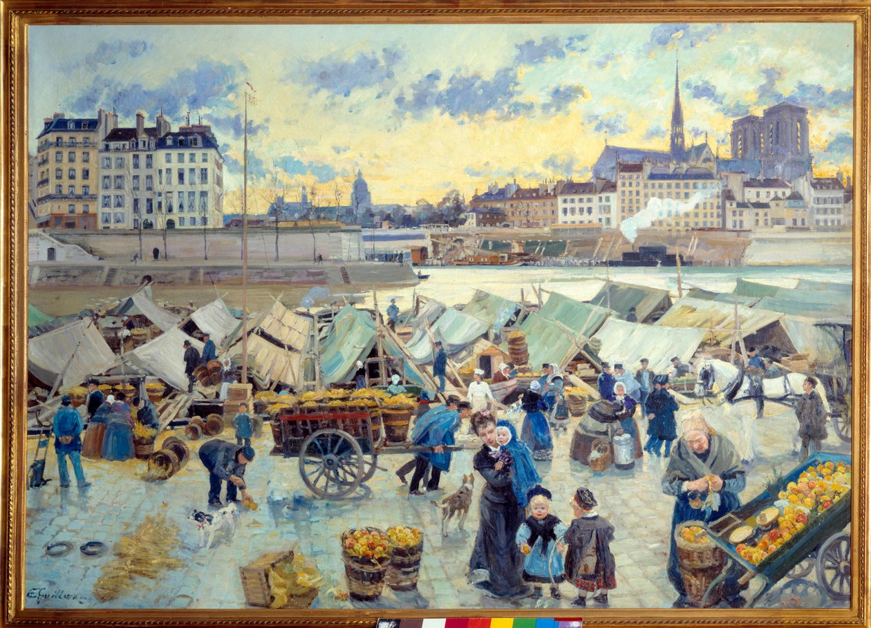 Äppelmarknaden på kajen av Hôtel de Ville, Paris. Målning av Emile Guillier (1849-1883) av Emile Antoine Guillier