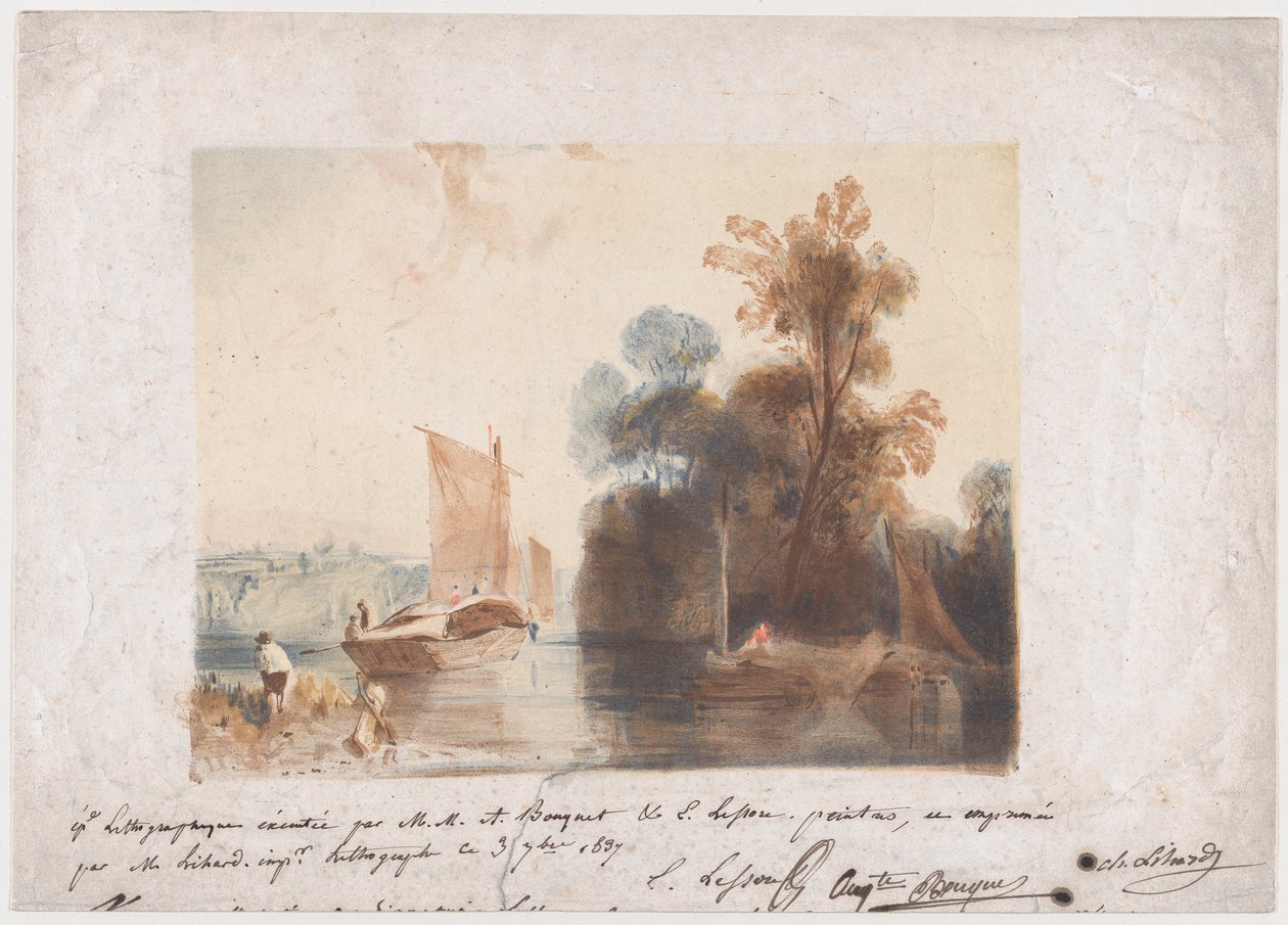 Landskap med flod och båtar, 1837 av Emile Aubert Lessore