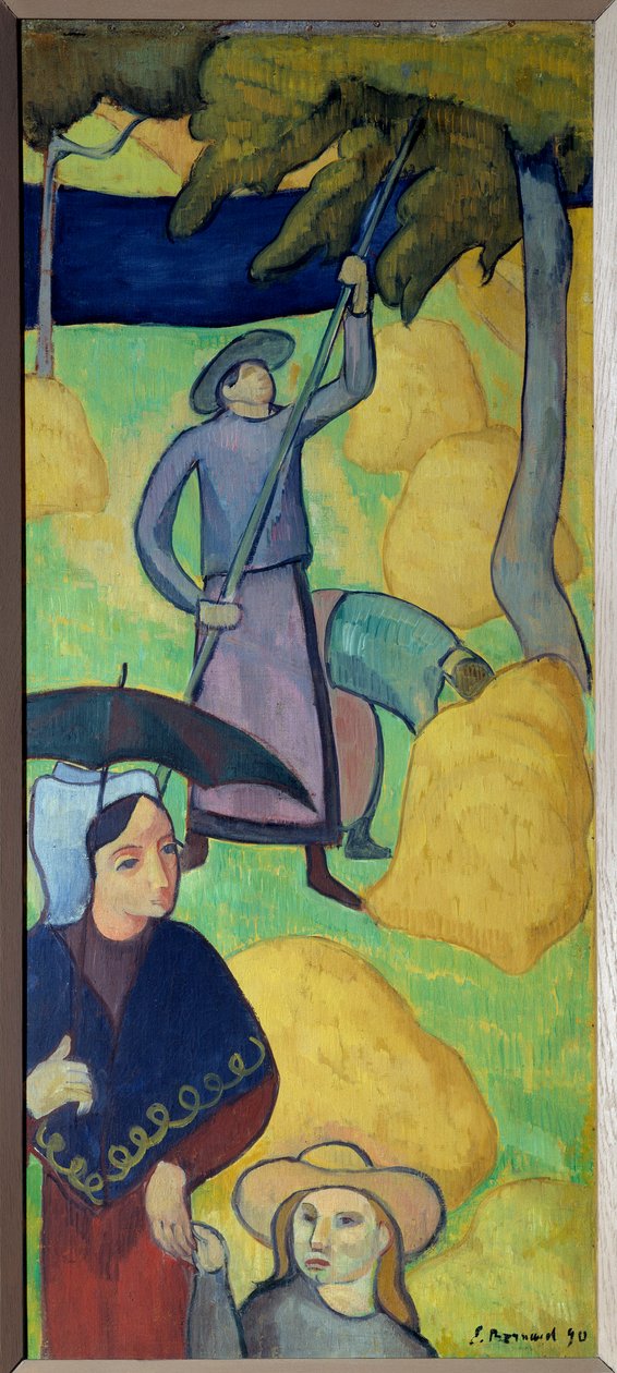Äpplen slingrar sig. Plocka äpplen från en fruktträdgård. Målning av Emile Bernard (1868-1941) av Emile Bernard