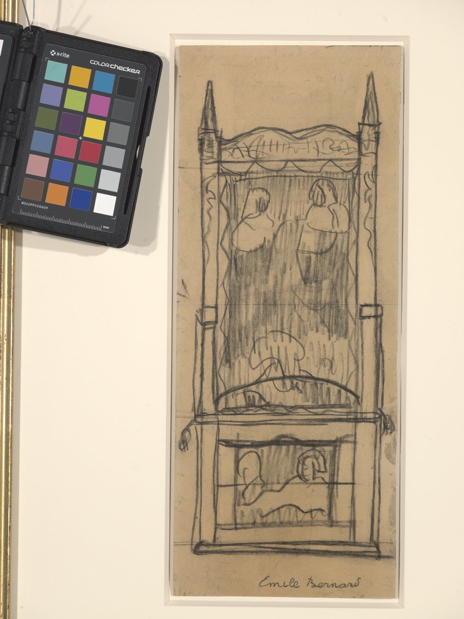 Design för ett skåp/stol (svart kol på brunt vävt papper) av Emile Bernard