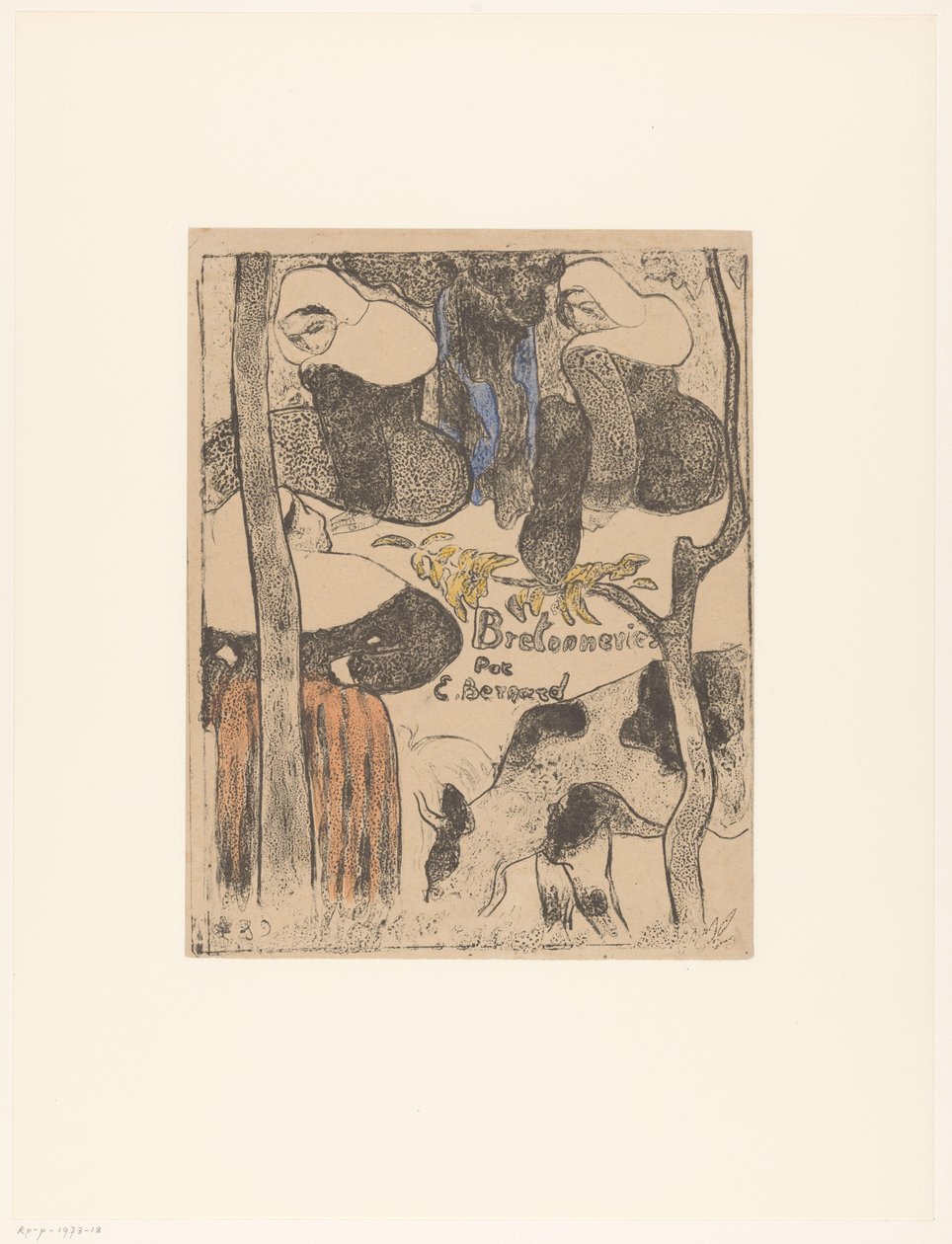 Tre bretonska kvinnor och kor Titeltryck för: Émile Bernard, Bretonneries, 1889 Bretonnes et vache Bretonska kvinnor (serietitel) Bretonnes (serietitel på objekt) av Emile Bernard