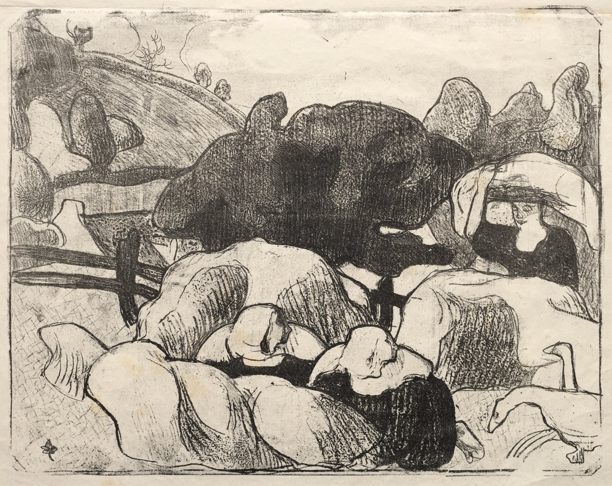 Les Bretonneries: Bretonska kvinnor som gör höstackar av Emile Bernard