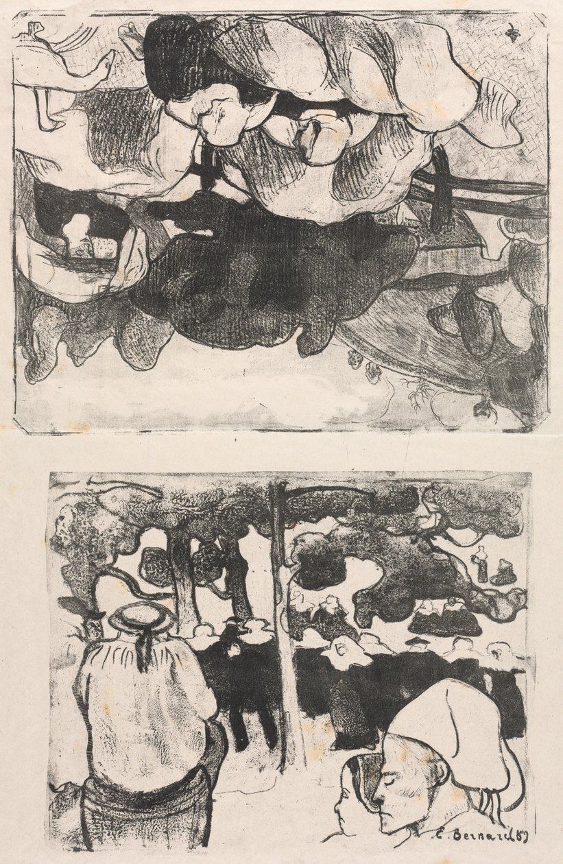 Les Bretonneries: Bretonska kvinnor gör höstackar (Bretonnes Faisant les Foins) och bröllop i Bretagne (La Noce en Bretange) av Emile Bernard