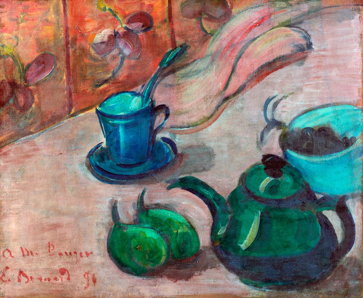 ""Nature morte a la theiere, tasse et fruit"" ( Stilleben med tekanna, kopp och frukt) Peinture d