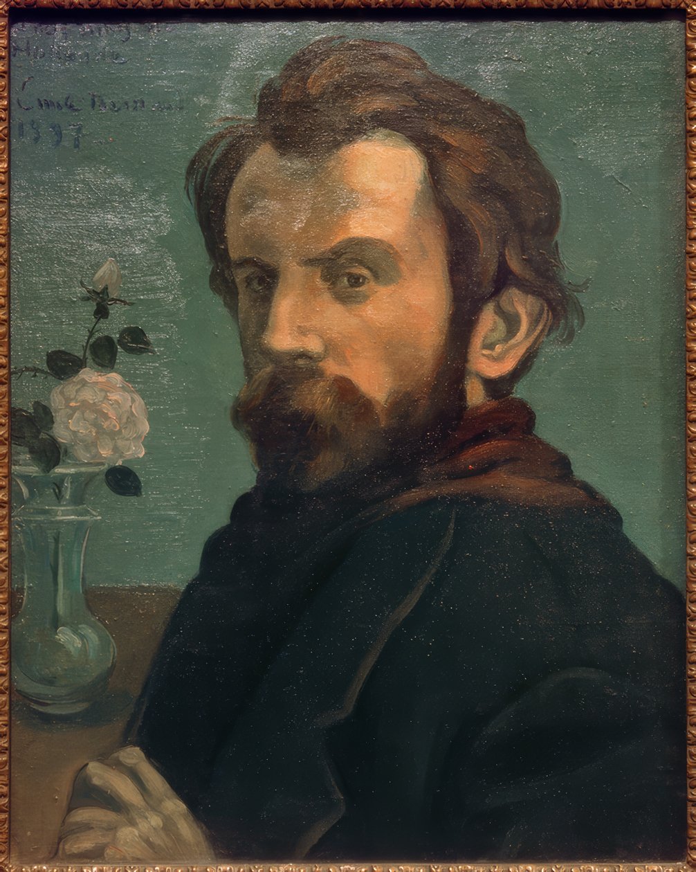 Självporträtt med en vas med blommor av Emile Bernard