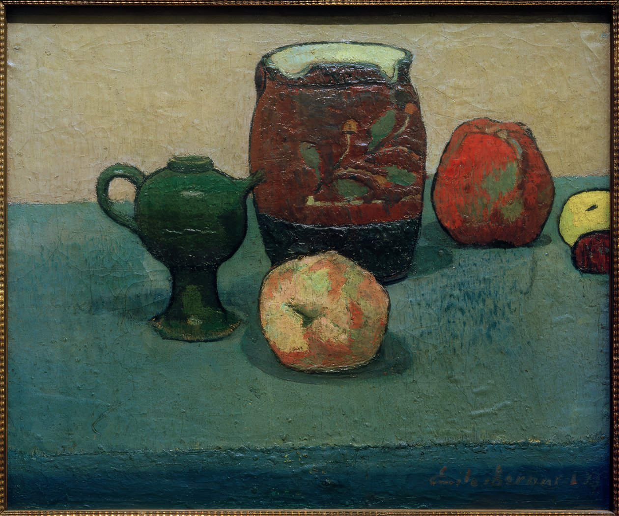 Stilleben med en ölmugg och äpplen av Emile Bernard